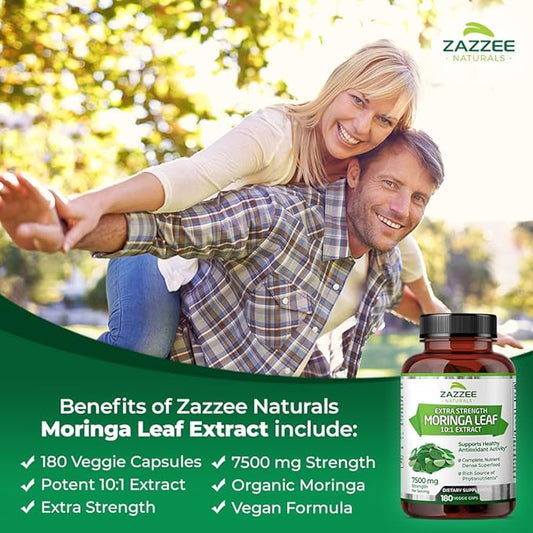 Zazzee Organic Moringa Oleifera Leaf 7500 180 Vegan 10:1 Extract, 100% Pure 10X Leaf