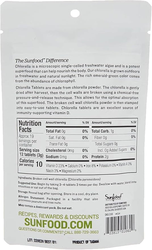 Sunfood Superfoods Chlorella Tablets - Chlorophyll, Chlorella Supplement, Chlorophyll Pills, Broken Cell Wall Algae Capsules, Non GMO, Vegan - 2 oz Bag