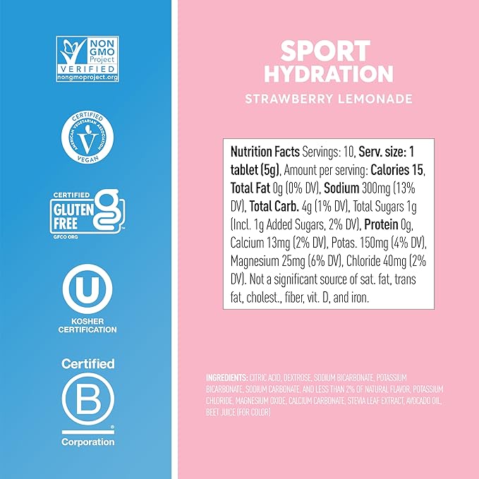 Nuun Sport Electrolyte Tablets - Dissolvable in Water, Strawberry Lemonade, 5 Essential Electrolytes for Hydration, 1g Sugar Drink Mix, Vegan, Non-GMO, 8 Pack (80 Total Servings)