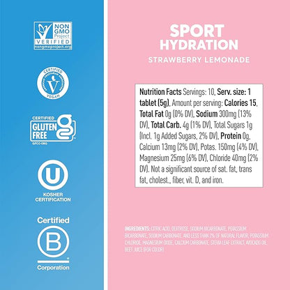 Nuun Sport Electrolyte Tablets - Dissolvable in Water, Strawberry Lemonade, 5 Essential Electrolytes for Hydration, 1g Sugar Drink Mix, Vegan, Non-GMO, 8 Pack (80 Total Servings)