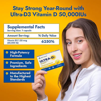 New Road Health Supply - Vitamin D 50000 IU, Once Weekly Dose, Easy to Swallow Vitamin D Softgel for Bones, Teeth, and Immune Support, Gluten Free, 12 Count, Pack of 3