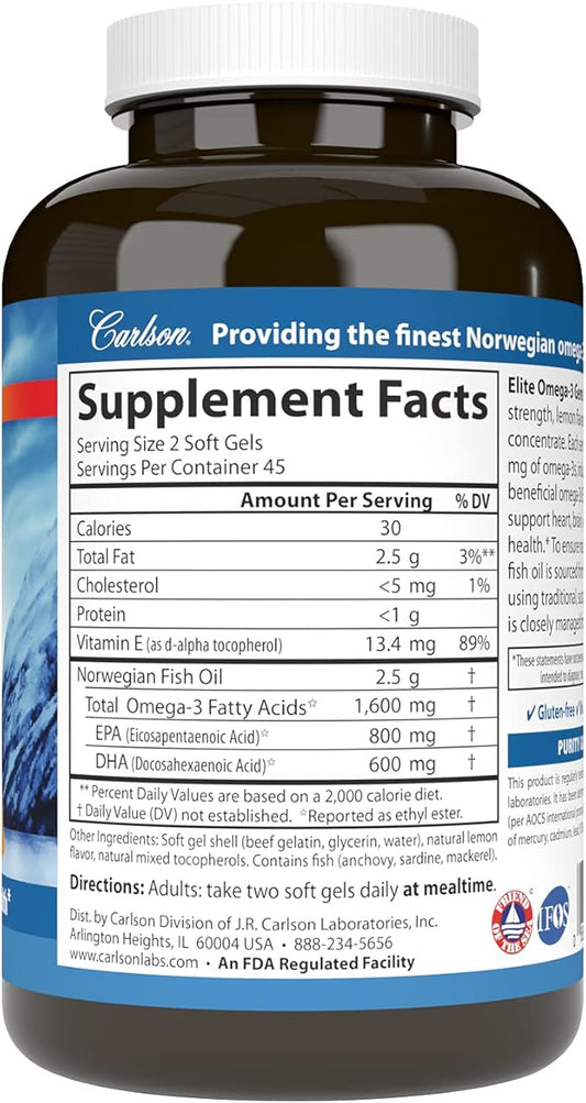 Carlson Labs Wild Caught Elite Omega-3, 1600mg, Omega 3s, Soft 90 Count