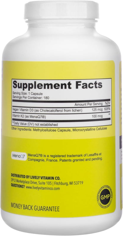 LIVELY VITAMIN CO. Solar Power Vitamin D3 5000 iu - Patented Vitamin K - MK7 - Immune Balance - Brain Function - Mood - Heart - Stress - 180 Count