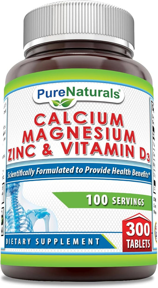 Pure Naturals Calcium Magnesium Zinc Vitamin D3 Supplement 1000mg, Magnesium 400mg, Zinc 25mg, Vitamin D3 600 600 IU (300 Tablets)