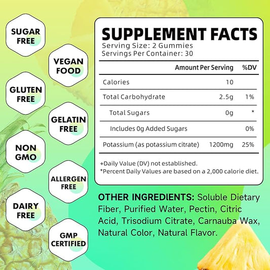 Potassium Citrate Gummies, High Potassium Supplement Gummies 1200mg Support Leg Cramps & Muscle Health, Potassium Gummies for Adults & Kids, Vegan, Pineapple Flavor 60 Count