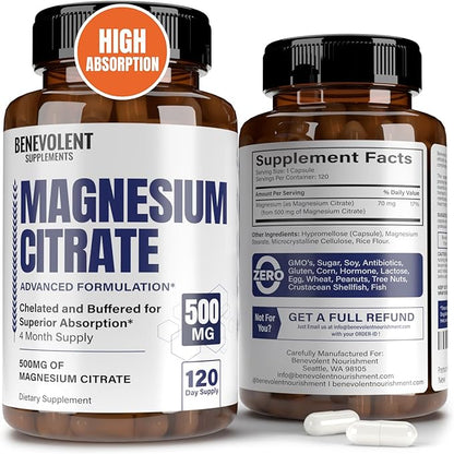 Premium Magnesium Citrate 500mg Capsules (Citrato de Magnesio) High Absorption Formula Chelated Buffered Citrate to Support Digestion, Bone, Sleep & Muscle Health - 120 Capsules