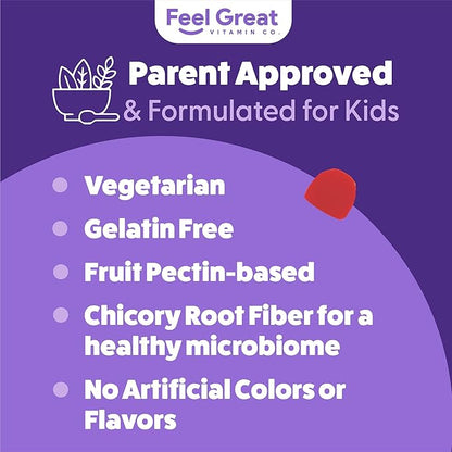 The Feel Great Vitamin Company Fiber Gummies for Kids for Digestive Support | Constipation Relief for Kids | Fruity Flavored Chewable Fiber Gummies | Vegetarian Supplements | 60 Day Supply