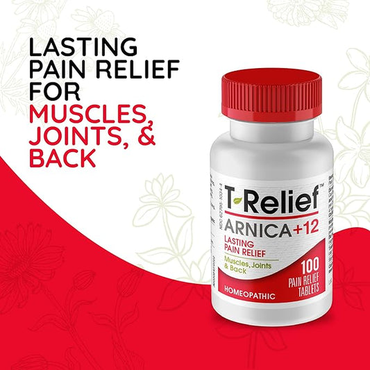 T-Relief Arnica +12 Natural Relieving Actives for Back Pain Joint Soreness Muscle Aches & Stiffness, Whole Body Fast Acting Relief for Women & Men - 100 Tablets (2 Pack)