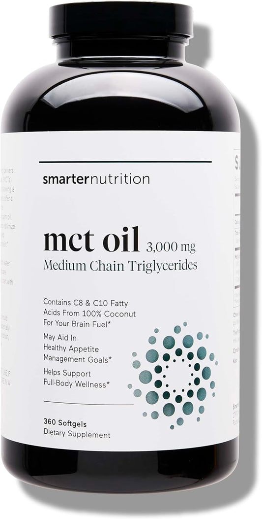 Smarter Nutrition MCT Oil Capsules C8 and C10 - Ketogenic Fuel for Brain & Body, Sustained Energy - from Cold-Pressed Coconut, Palm & Gluten-Free, Non-GMO - 360 Count - 180-Day Supply