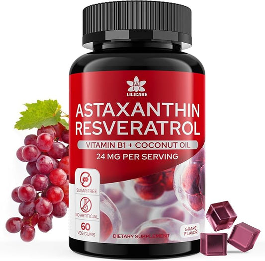 Sugar-Free Astaxanthin 24mg Gummies with Resveratrol 500mg, Powerful B1, Coconut 60 Count,