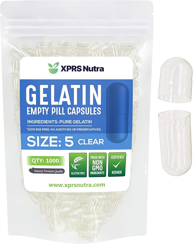 XPRS Nutra Size 5 Empty Capsules - 1000 Count Very Small Clear Empty Gelatin Capsules - Empty Pill Capsules for DIY Capsule Filling - Fillable Pill Capsules Empty Gel Caps