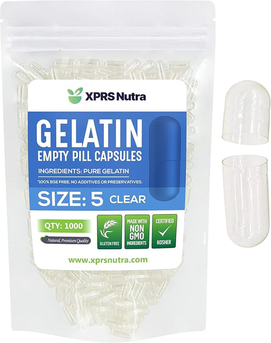 XPRS Nutra Size 5 Empty Capsules - 1000 Count Very Small Clear Empty Gelatin Capsules - Empty Pill Capsules for DIY Capsule Filling - Fillable Pill Capsules Empty Gel Caps