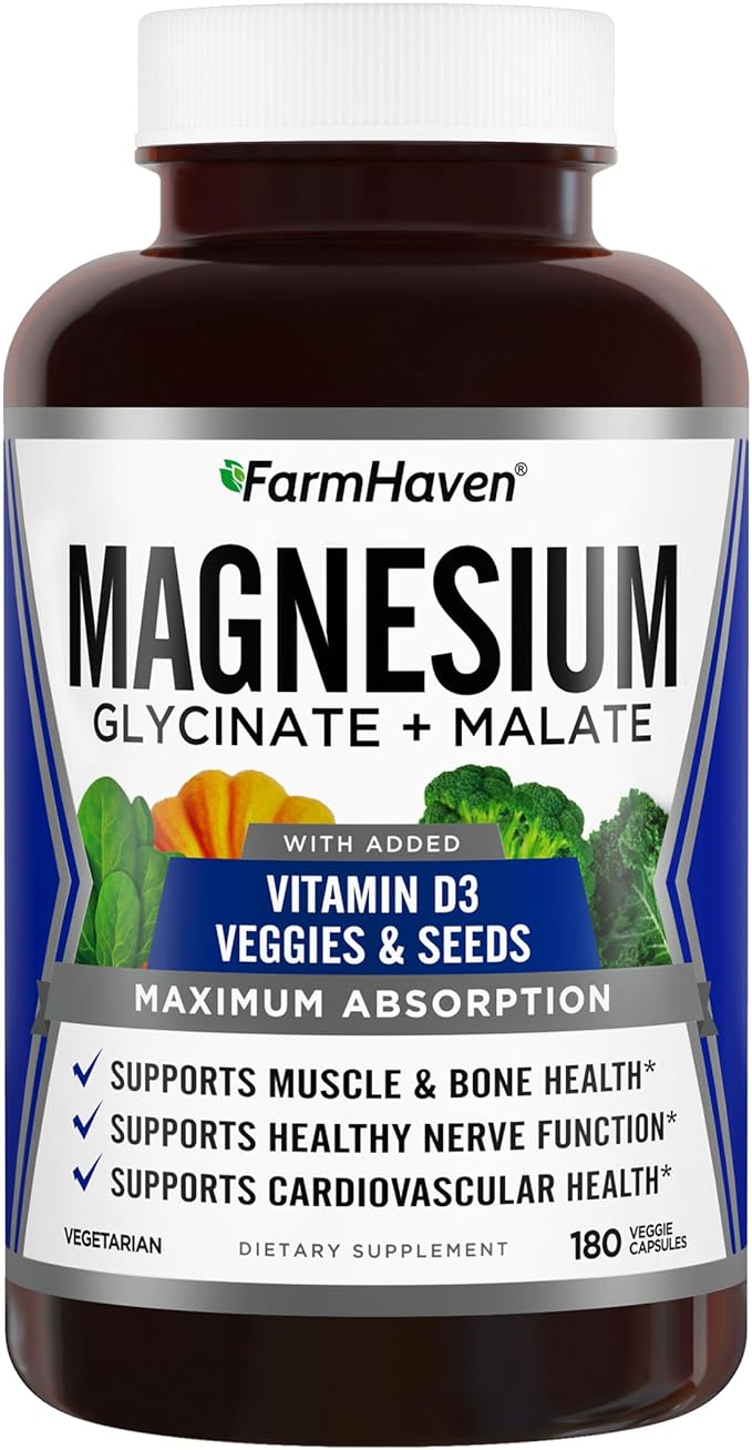 FarmHaven Magnesium Glycinate & Malate Complex D3, 100% 100% Chelated 180 Capsules, 90 Days