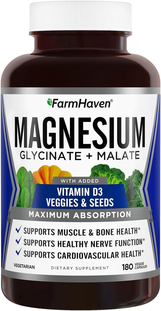 FarmHaven Magnesium Glycinate & Malate Complex D3, 100% 100% Chelated 180 Capsules, 90 Days
