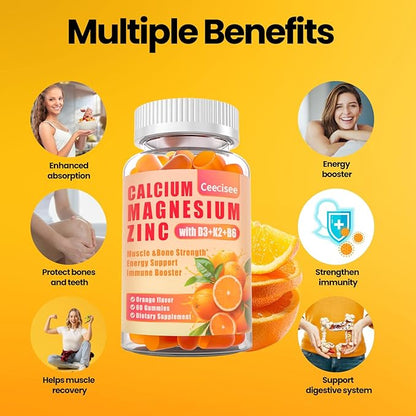 Calcium Magnesium Zinc Gummies with D3 &B6 &K2,1000mg Calcium Gummies with 300mg Magnesium Support Bone & Muscle for Adults and Teens,Sugar Free (60 Count (Pack of 2))