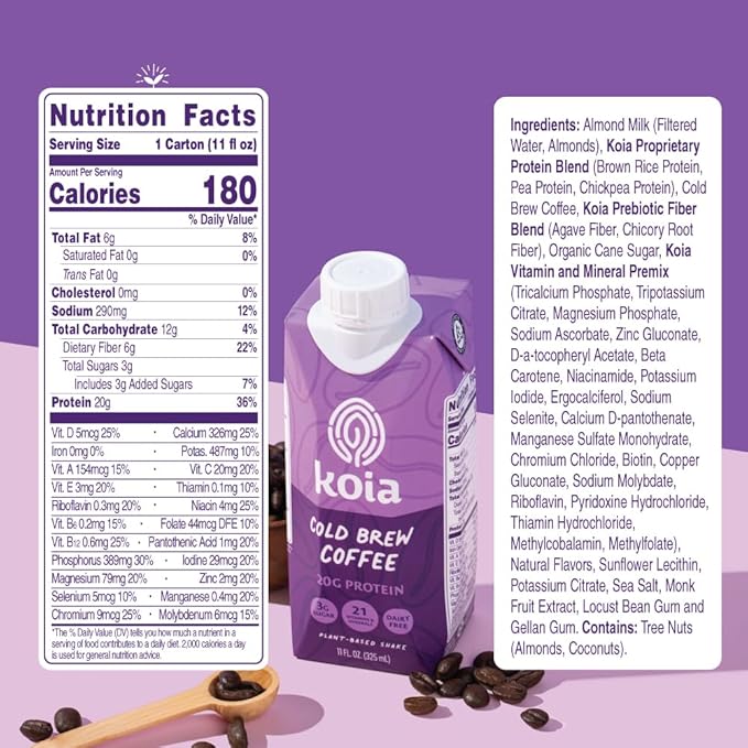 Koia - Plant Based Protein Shake - Cold Brew Coffee - 20g Protein, 3g Sugar, 6g Prebiotic Fiber, 21 Vitamins & Minerals - Dairy Free, Soy Free, Non GMO - Meal Replacement Drinks - 11 fl oz, 12 Bottles