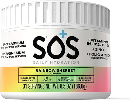 SOS Hydration Electrolyte Powder, Rainbow Sherbert Flavor, 31 Servings – Low-Calorie, Zero Sugar, Rapid Rehydration, Made in USA, Keto & Vegan Friendly