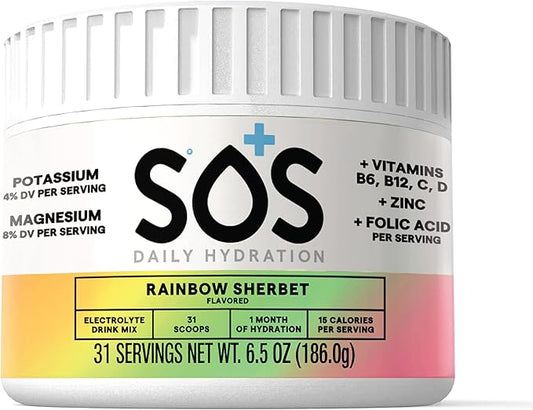 SOS Hydration Electrolyte Powder, Rainbow Sherbert Flavor, 31 Servings – Low-Calorie, Zero Sugar, Rapid Rehydration, Made in USA, Keto & Vegan Friendly