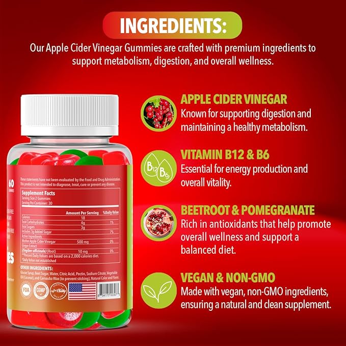 Dr. Robaina Apple Cider Vinegar Gummies – Supports Metabolism & Digestive Health – Vegan, Non-GMO, Gluten-Free – Made in USA