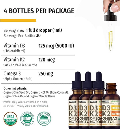 (4 Pack) Organic Vitamin D3 K2 Drops with MCT Oil Omega 3, 5000 IU, Maximum Strength Vitamin D Liquid - No Fillers, Non-GMO Liquid D3 for Faster Absorption & Immune Support (Vanilla, 4 Fl Oz)