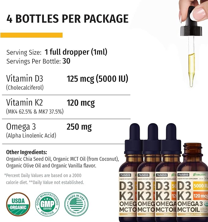 (4 Pack) Organic Vitamin D3 K2 3, 5000 5000 IU, 5000 IU, D3 for 4 Fl