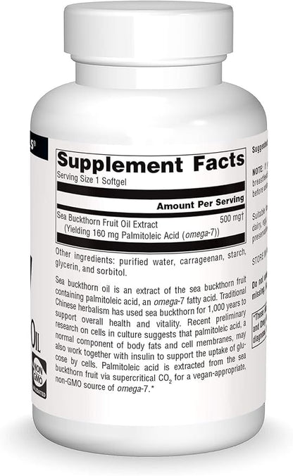Source Naturals Omega-7 Sea Buckthorn Fruit Oil, Non-GMO, Vegan-Sourced for Health and Vitality* - 120 Vegan Softgels