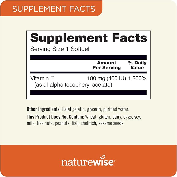 NatureWise Vitamin E 400 IU Softgels (180mg DL-Alpha) 4-Month Supply, 120 Count