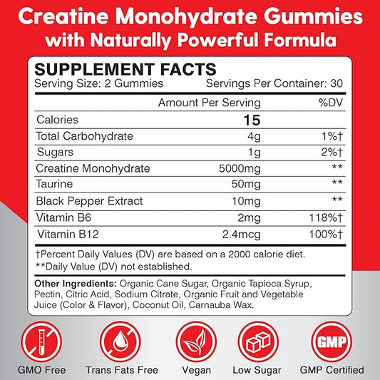 Creatine Monohydrate Gummies for Men & Women - 5000mg Creatine Pre-Workout Gummies with Taurine & Vitamin B6 B12 for Maximum Strength, Muscle, Energy, Endurance & Focus, Organic,Vegan-240 Count