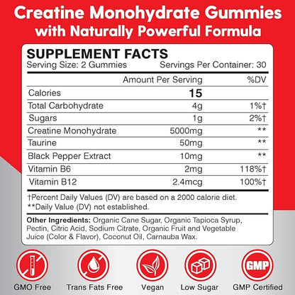 Creatine Monohydrate Gummies for Men & Women - 5000mg Creatine Pre-Workout Gummies with Taurine & Vitamin B6 B12 for Maximum Strength, Muscle, Energy, Endurance & Focus, Organic, Vegan-60 Count