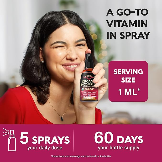 USDA Organic Vitamin B-Complex Liquid Spray 8-in-1 B5 Pantothenic B12 Methylcobalamin B1 Thiamine B6 Pyridoxine B7 Biotin B9 Folic B3 Niacinamide 2fl oz
