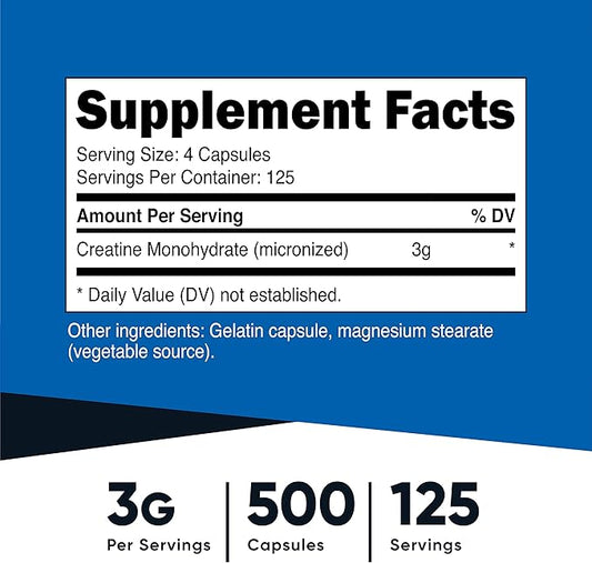 Nutricost Creatine Monohydrate 3000mg Serving, (750mg Per Capsule), 500 Capsules (2 Bottles)