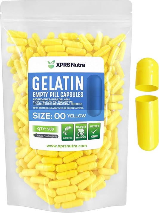 XPRS Nutra Size 00 Empty Capsules - 500 Count Empty Gelatin Capsules - Empty Pill Capsules - DIY Capsule Filling - Fillable Pill Capsules Empty Gel Caps (Yellow)