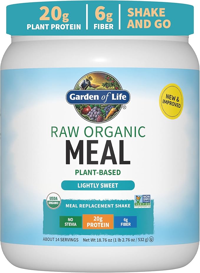 Garden of Life Meal Replacement Shakes, Vegan Protein Powder, Raw Organic Protein Powder, Lightly Sweet Protein Powder with Plant Based Pea Protein, Sprouts, Greens, Probiotics, Dairy Free 14 Servings