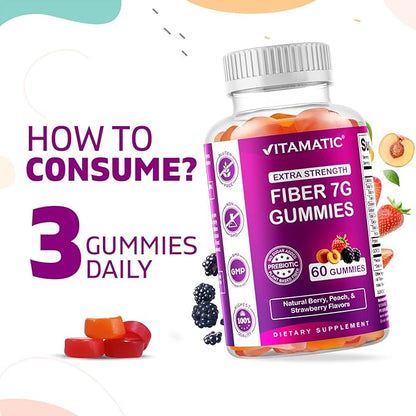 Vitamatic Prebiotic Fiber Gummies for Adults - 7G Fiber Extra Strength - Zero Sugar Added - 60 Pectin Based Gummies - Digestive Health & Regularity Support