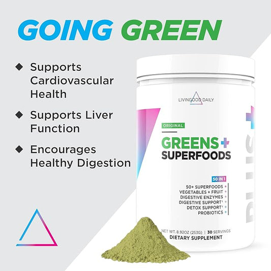 Livingood Daily Greens Superfood Powder (Original) - Super Greens Powder for Gut Health - Green Juice Powder Supplement with Spirulina, Chlorella, Enzymes, & Probiotics for Liver & Digestive Support