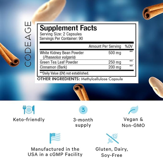 Codeage Keto Carb, White Kidney Bean, Green Tea & Cinnamon Bark Supplement, Triple Action Keto Cheat Vegan Pills, Ketogenic, Low Carb Diet Sugar, 3 Months Supply, Non-GMO, Gluten-Free, 180 Capsules