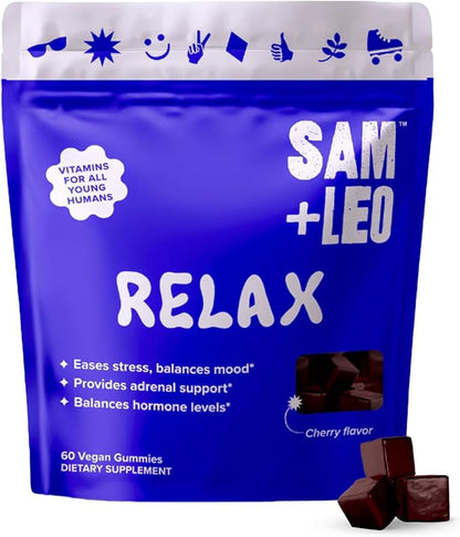 Relax - All Natural & Vegan Calm and Relaxation Gummies for Teens and Kids with Ashwagandha, Vitamin D2, and Zinc - Cherry Flavored - 60/ct