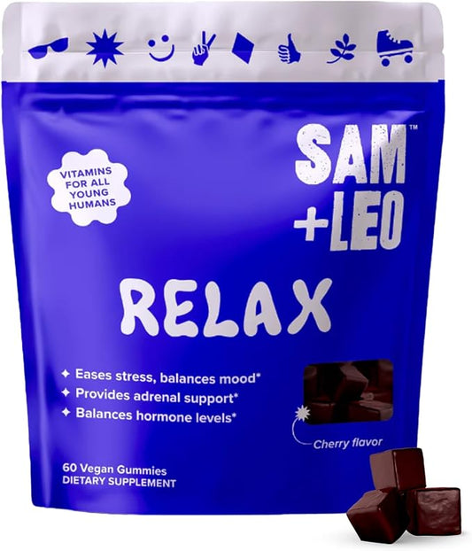 Relax - All Natural & Vegan Calm and Relaxation Gummies for Teens and Kids with Ashwagandha, Vitamin D2, and Zinc - Cherry Flavored - 60/ct