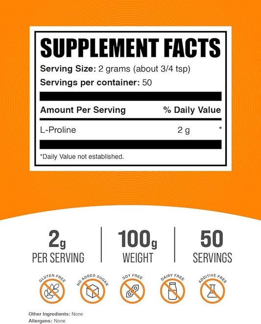 BulkSupplements.com L-Proline Powder - Amino Acid Supplement, Proline Supplements - Unflavored & Gluten Free, 2000mg per Serving, 50 Servings, 100g (3.5 oz) (Pack of 1)