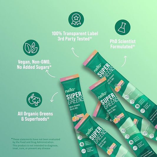 Nello Supergreens Premium Superfood Greens Drink Mix w/Chlorella, Moringa, Spinach & Broccoli + Digestive Enzymes & Probiotic Blend -Nutrient-Packed Powder Wellness (Orange 20 SRV, Travel Pack)
