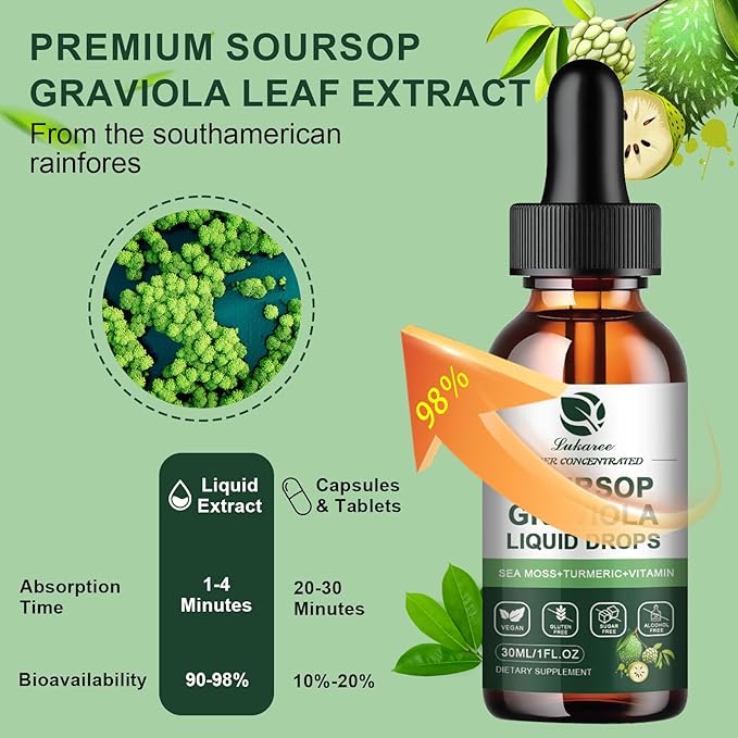 (2 Pack) Soursop Graviola Leaf Extract Liquid Drop Plus Pure Botanical Sea Moss for Cell Support & Regeneration, Immunity, Liver, Zzz & Antioxidant - Soursop Bitters Liquid, 2 Month Supply, 1 Fl Oz