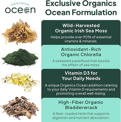Wild Sea Moss Capsules - 100% Organic Irish Sea Moss with Organic Chlorella, Bladderwrack and Vitamin D for Energy, Lung Health and Thyroid Support for Women and Men - 6 Bottles