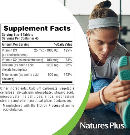 NaturesPlus Cal/Mag/VIT D3 with Vitamin K2- 180 Tablets - Bone Health Supplement with Calcium, Magnesium, Vitamin D3 and K2 - Gluten-Free - 45 Servings