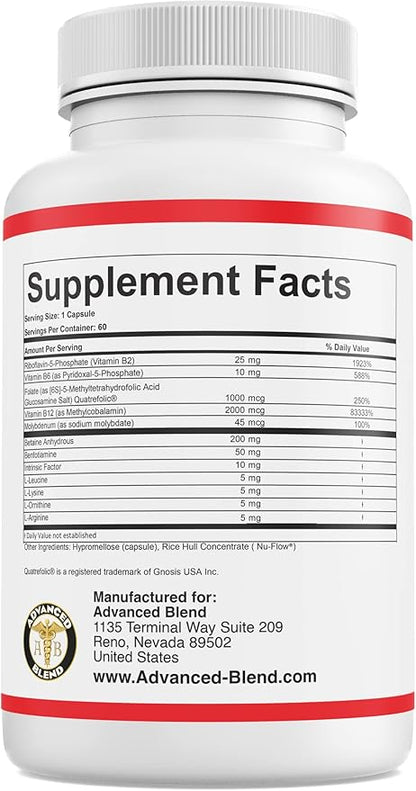 Advanced Blend MTHFR with 1000 mcg Quatrefolic. 1500 mcg Methylcobalamin with Amino Acids to Aid in Detox. Intrinsic Factor for B12 Absorption. 60 Veggie Capsules.