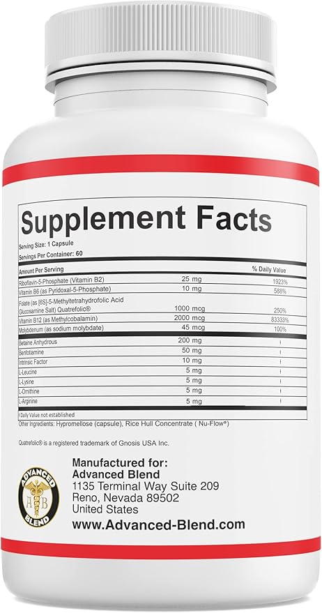 Advanced Blend MTHFR with 1000 mcg Quatrefolic. 1500 mcg Methylcobalamin with Amino Acids to Aid in Detox. Intrinsic Factor for B12 Absorption. 60 Veggie Capsules.