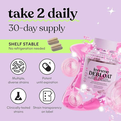 Lemme Debloat 3-in-1 Prebiotic, Probiotic & Digestive Enzyme Capsules for Bloating & Gas Relief - 2 Clinically Studied Probiotics w/5 Digestive Enzymes to Improve Digestion, Women & Men, Vegan, 60 ct