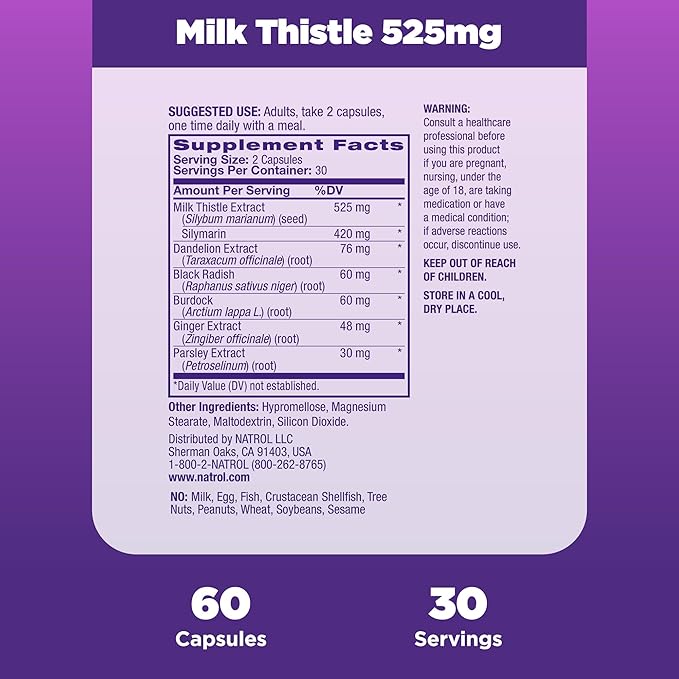 Natrol Milk Thistle 525 mg per 60 Capsules, 30 Day
