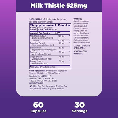 Natrol Milk Thistle 525 mg per 60 Capsules, 30 Day