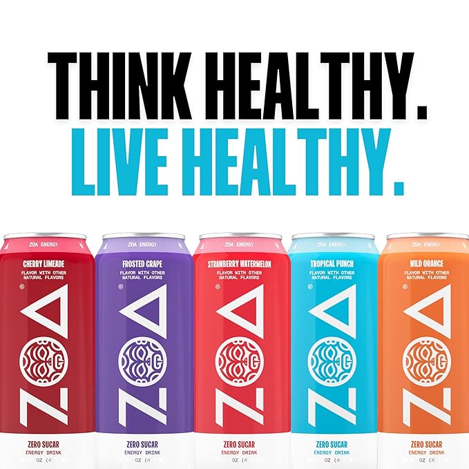 ZOA Zero Sugar Energy Drink, Cherry Limeade - Sugar Free with Electrolytes, Healthy Vitamin C, Amino Acids, Essential B-Vitamins, and Caffeine from Green Tea - 16 Fl Oz (12-Pack)