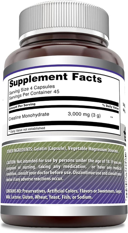Amazing Formulas Creatine Monohydrate Supplement | 3000 Mg per Serving | 180 Capsules | Non-GMO | Gluten-Free | Made in USA